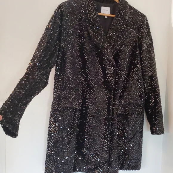 NINE WEST Sz XL Black Sequins Blazer 36" Mini Dress LS Collar Glitzy NYE EUC - Picture 7 of 16